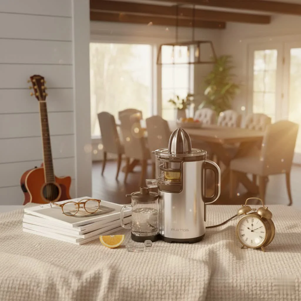 Smeg Citrus Juicer in pastel blue on a kitchen counter
