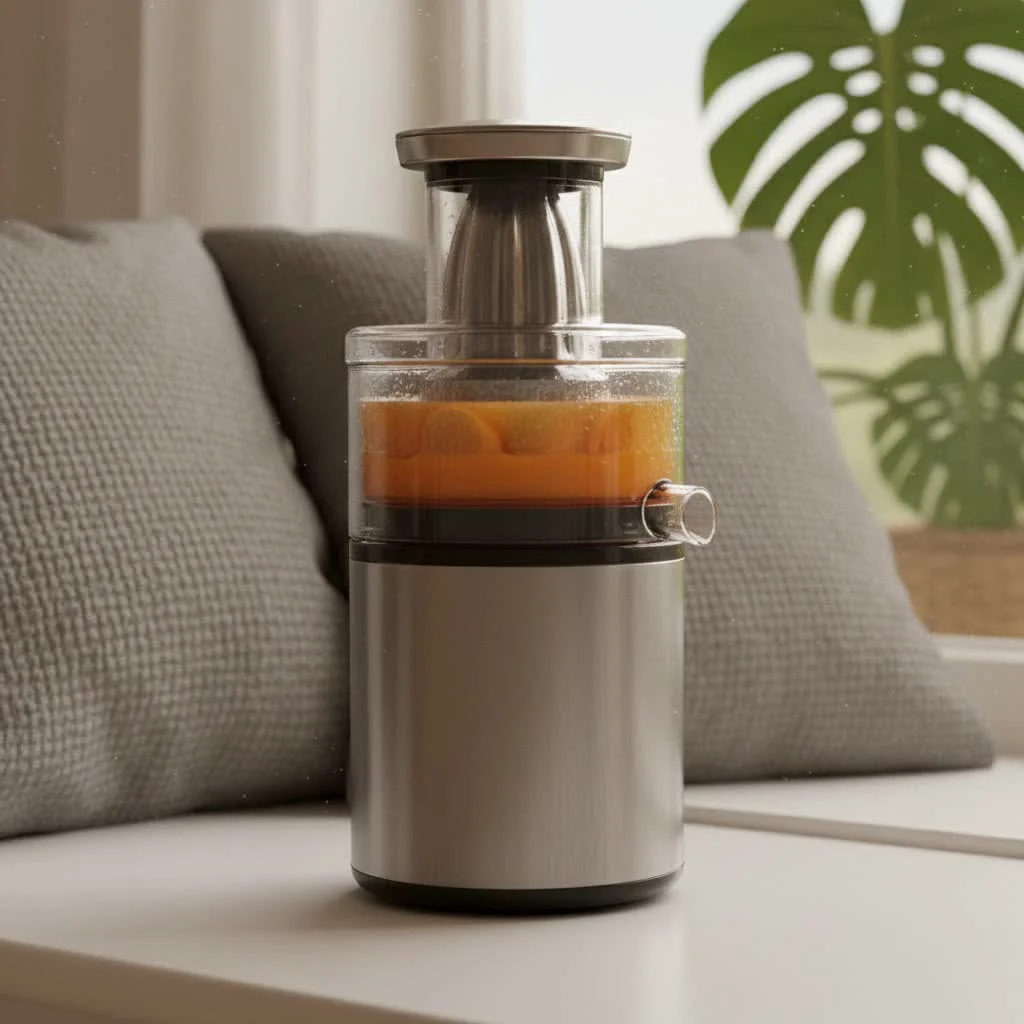 Commercial fruit juicer in a professional kitchen setting