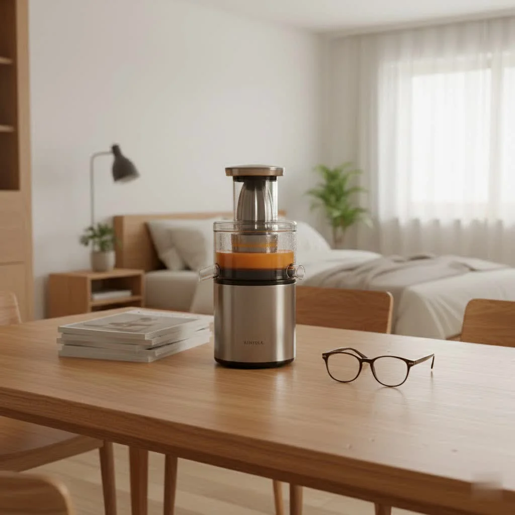 Small fruit juicer on a kitchen counter with fresh produce