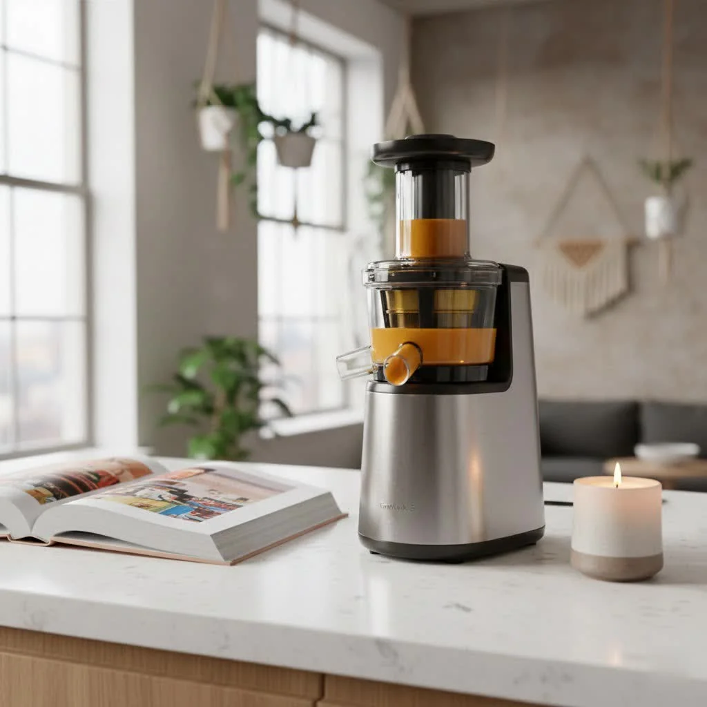 Freshly made juice in a glass next to a whole fruit juicer and various fruits and vegetables