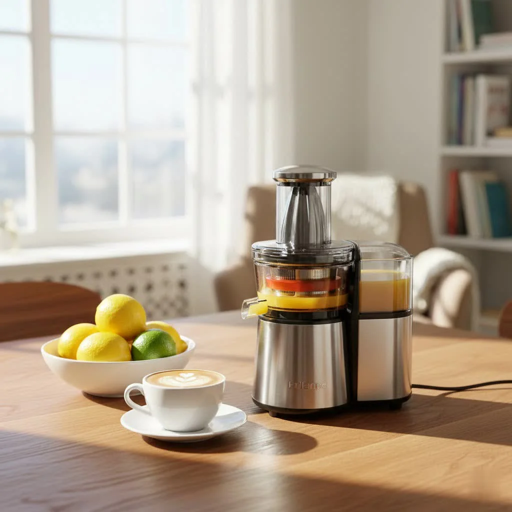Freshly made juice in a glass next to a whole fruit and vegetable juicer