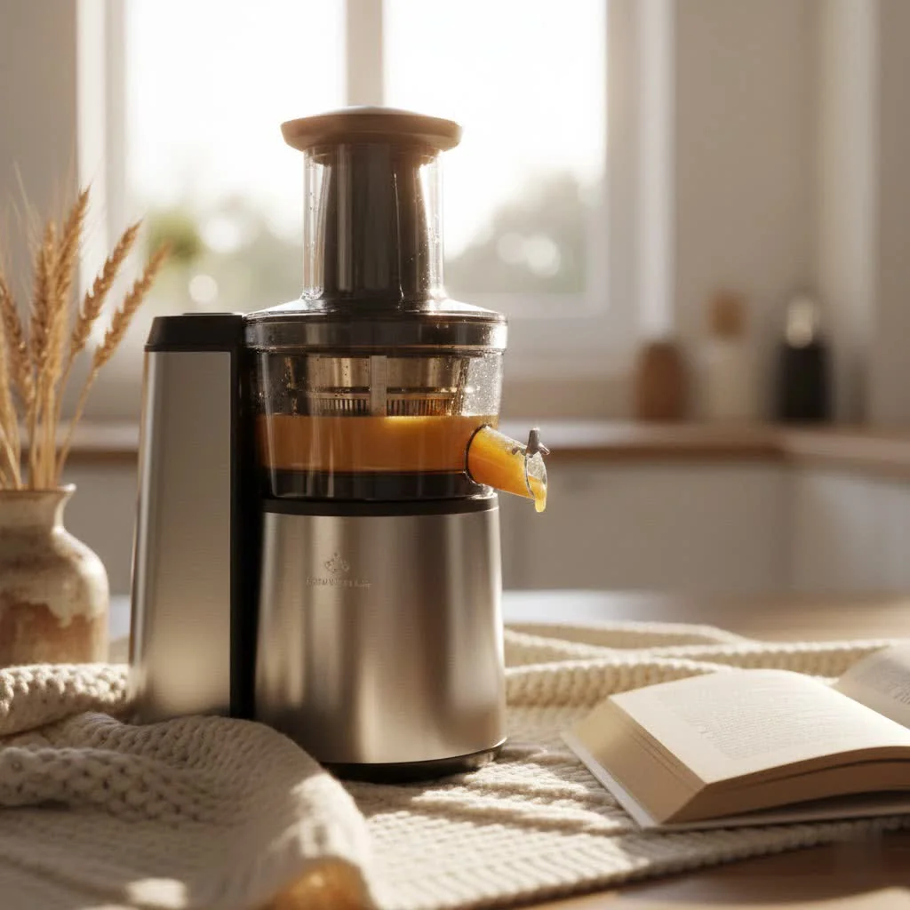 Freshly made orange juice in a glass with an electric juicer in the background
