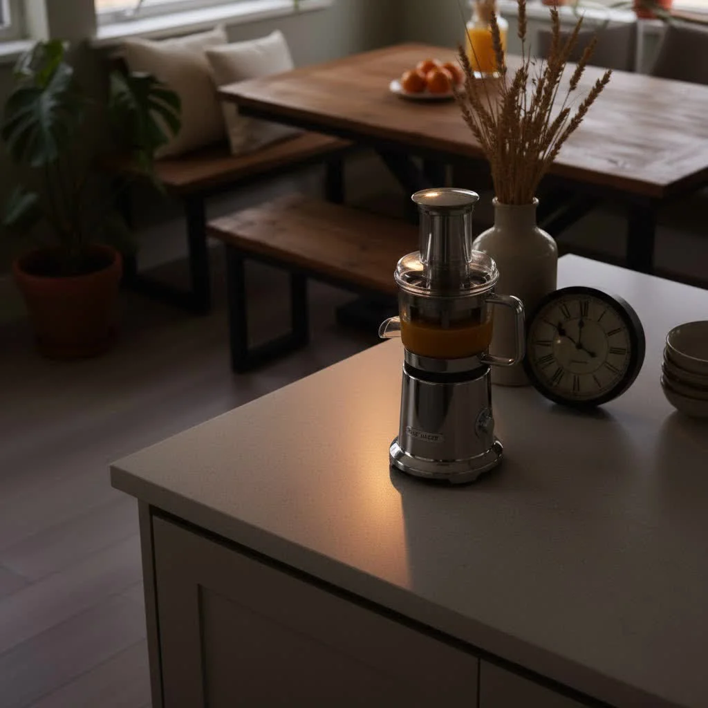 Manual citrus juicer extracting fresh orange juice