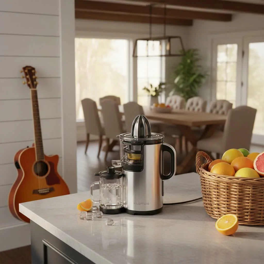 Freshly squeezed orange juice in a glass next to a modern juicer